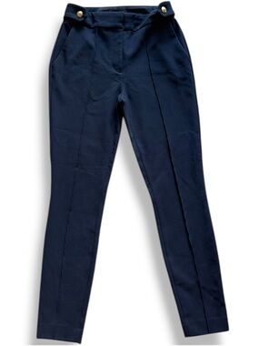 Express Editor Pants Size 4R Navy Blue High Waisted Gold Crest Button Skinny Leg